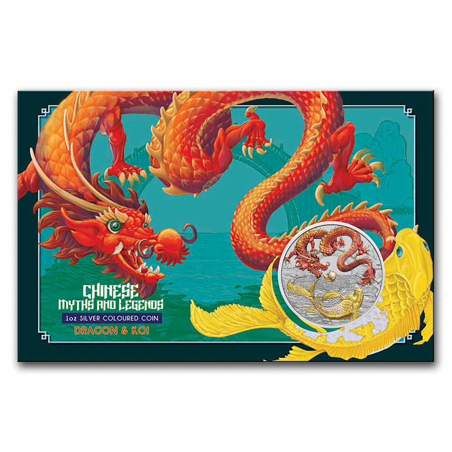 2023 AUS 1 oz Silver Dragon & Koi Red & Gold Color (Display Card)
