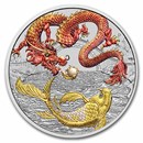 2023 AUS 1 oz Silver Dragon & Koi Red & Gold Colorized BU in Cap