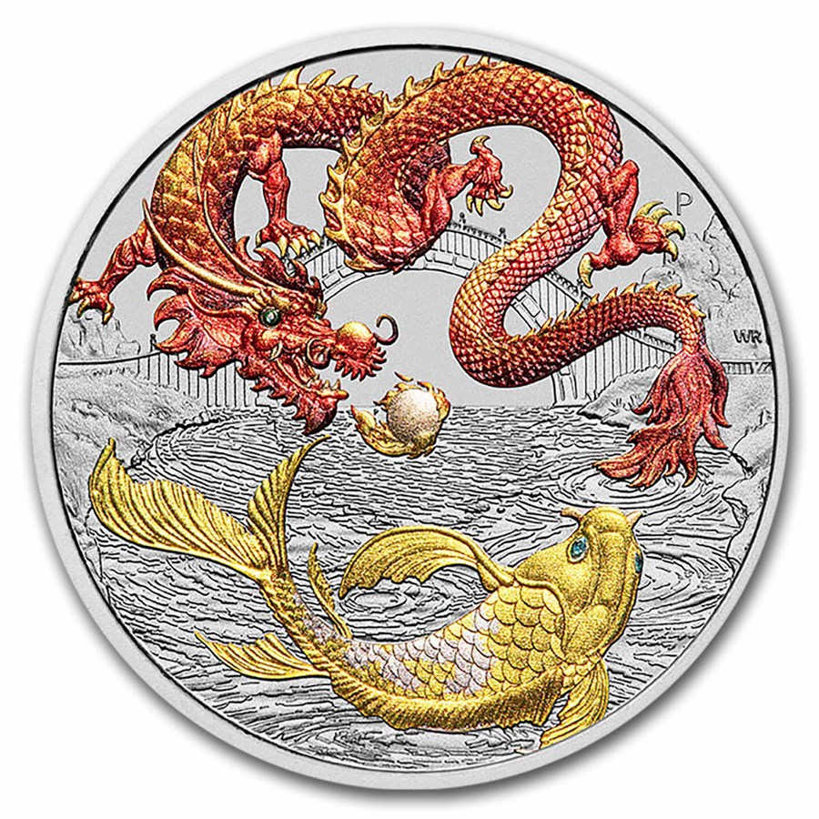 2023 AUS 1 oz Silver Dragon & Koi Red & Gold Colorized BU in Cap