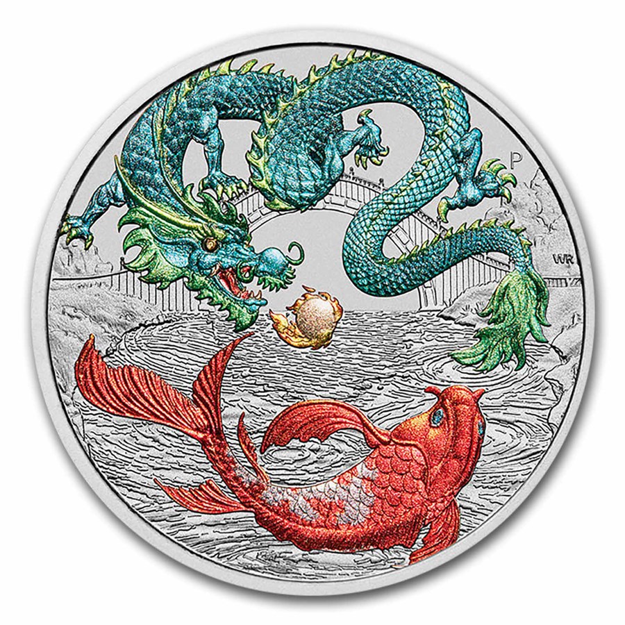 2023 AUS 1 oz Silver Dragon & Koi Vivid Colorized BU (in Capsule)
