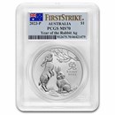 2023 AUS 1 oz Silver Lunar Rabbit MS-70 PCGS (FS, Flag Label)