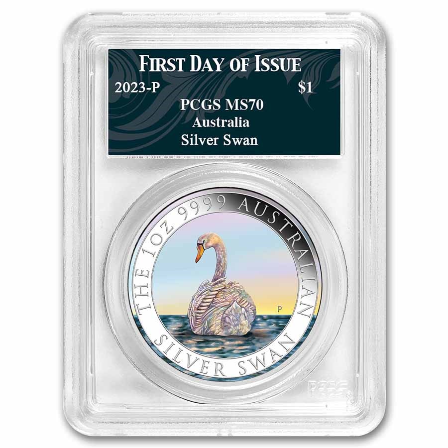 2023 AUS 1 oz Silver Swan Colorized MS-70 PCGS (FDI, Swan Label)