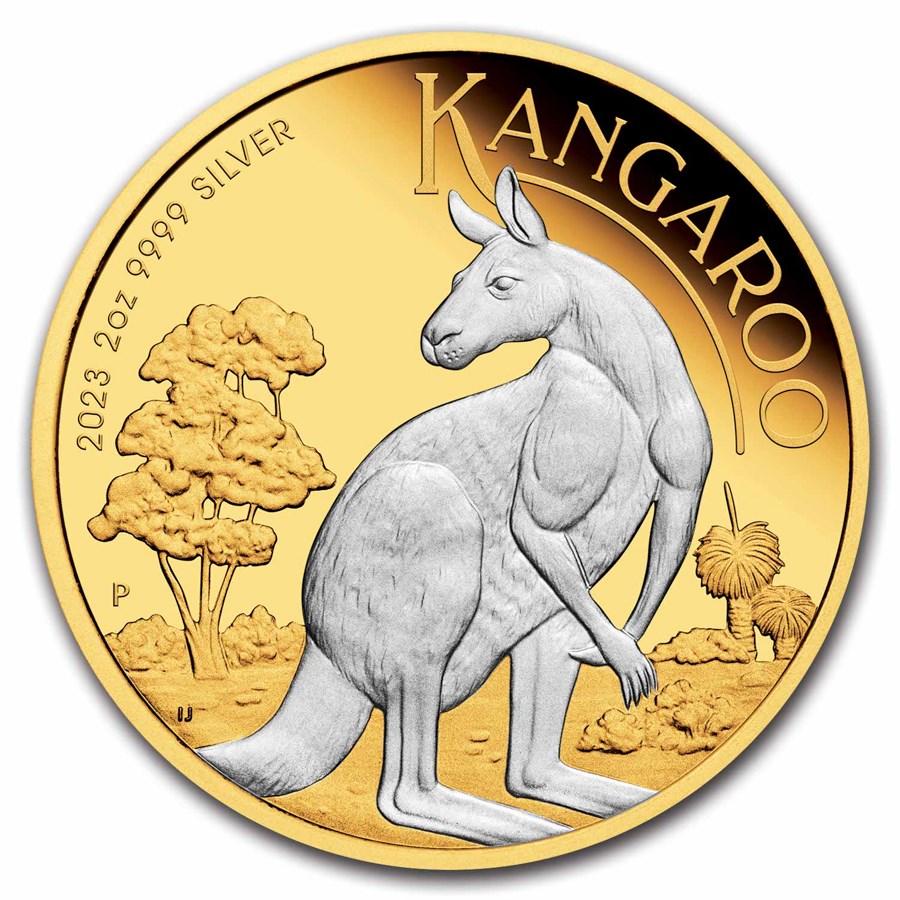 2023 Australia 2 oz Silver Kangaroo Proof (Reverse Gilded)