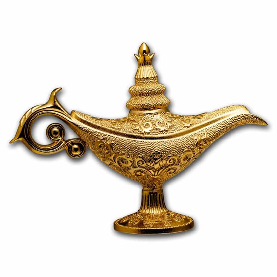 2023 Djibouti 5 oz Silver Gold Gilded Magic Lamp Shaped Coin 2023 Djibouti 5 oz Silver Gold Gilded Magic Lamp Shaped Coin
