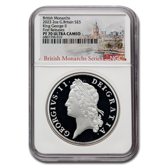 2023 England 2 oz Silver 5 Pounds George II PF-70 UCAM NGC (FR) 2023 England 2 oz Silver 5 Pounds George II PF-70 UCAM NGC (FR)