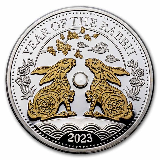 2023 Fiji 1 oz Silver Year of the Rabbit Gold Gilded with Pearl 2023 Fiji 1 oz Silver Year of the Rabbit Gold Gilded with Pearl