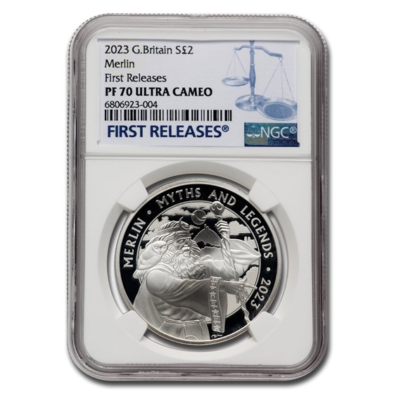 2023 GB 1 oz Silver Myths & Legends Merlin PF-70 UCAM NGC (FR) 2023 GB 1 oz Silver Myths & Legends Merlin PF-70 UCAM NGC (FR)