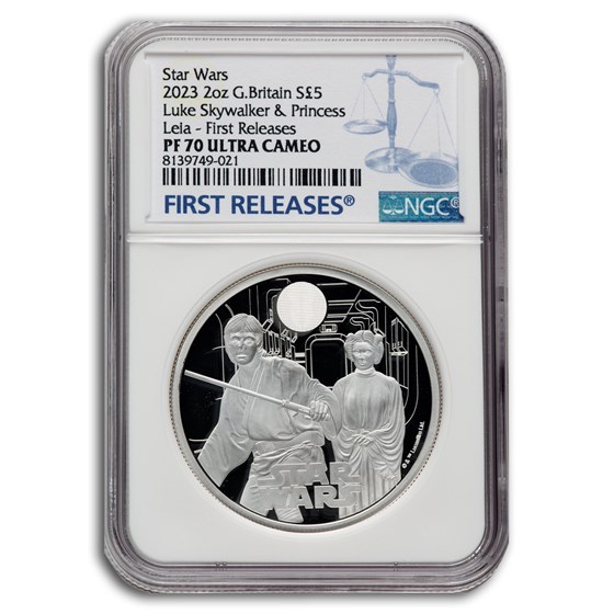 2023 GB 2 oz Star Wars Luke Skywalker & Princess Leia £5 PF-70 FR 2023 GB 2 oz Star Wars Luke Skywalker & Princess Leia £5 PF-70 FR