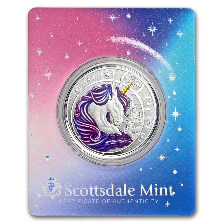 2023 Ghana 1 oz Silver 5 Cedis Purple Magical Unicorn "Aurora"