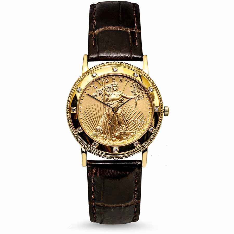 2023 Men's 1/2 oz Gold Liberty w/ Diamonds Leather Band Watch
