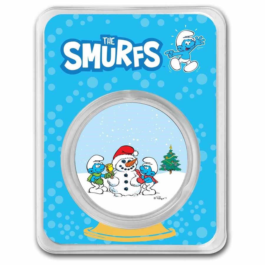 2023 Niue Colorized 1 oz Silver $2 Smurfs and Snowman in TEP