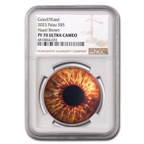 2023 Palau 1 oz Silver $5 ColorEYEzed Hazel Brown PF-70 UCAM NGC 2023 Palau 1 oz Silver $5 ColorEYEzed Hazel Brown PF-70 UCAM NGC