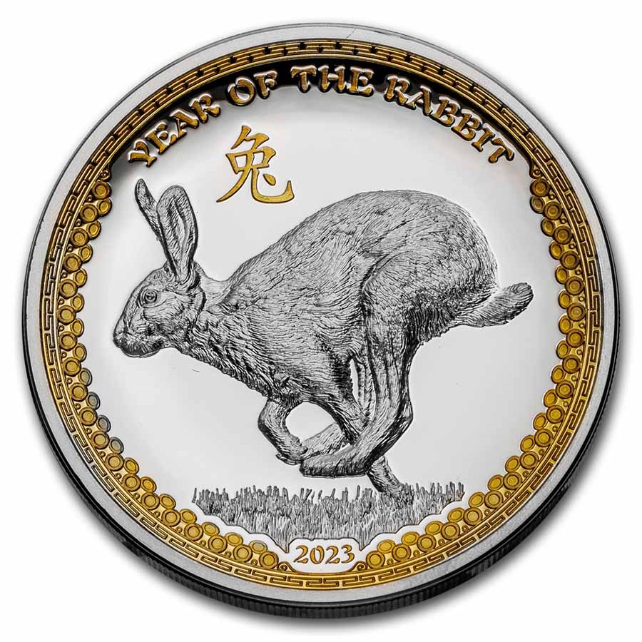 2023 Palau 1 oz Silver $5 Year of the Rabbit Proof (Gilded Gold)
