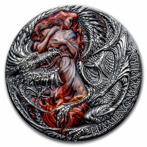 2023 Republic of Cameroon 2 oz Silver Dragonology; Flaming Wyvern