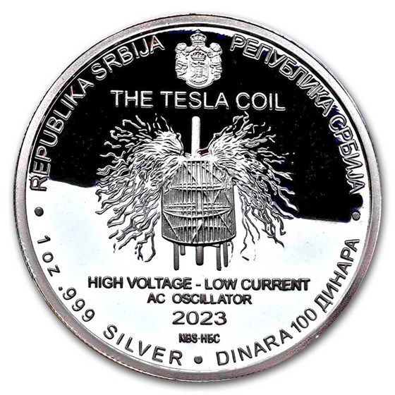 2023 Serbia 1 oz Proof Ag 100 Dinar Tesla: Tesla Coil 2023 Serbia 1 oz Proof Ag 100 Dinar Tesla: Tesla Coil