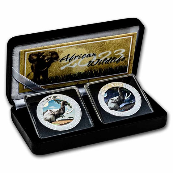 2023 Somalia 2-Coin 1 oz Silver Elephant Set Day/Night (Colored) 2023 Somalia 2-Coin 1 oz Silver Elephant Set Day/Night (Colored)