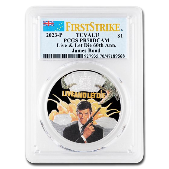 2023 TUV 1 oz AG Colorized 007 Bond Live & Let Die PR-70 PCGS FS 2023 TUV 1 oz AG Colorized 007 Bond Live & Let Die PR-70 PCGS FS
