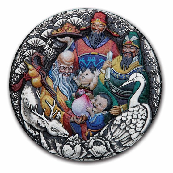 2023 Tuvalu 5 oz Silver Fu Lu Shou Colorized Antiqued (Box)