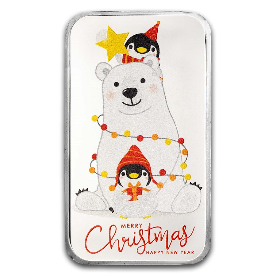 2024 1 oz Silver Colorized Bar - Christmas Polar Bear & Pengins
