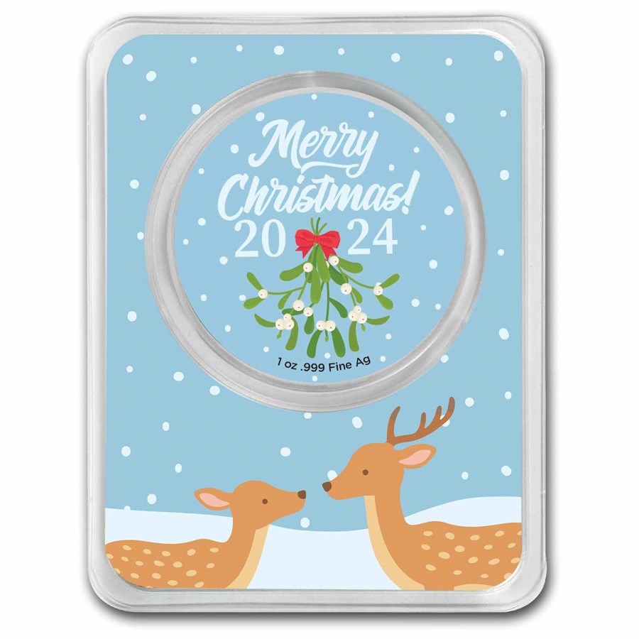 2024 1 oz Silver Colorized Round - Deer Under Mistletoe & Snow