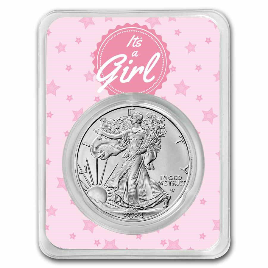 2024 1 oz Silver Eagle - w/"It's A Girl", Pink Card, In TEP