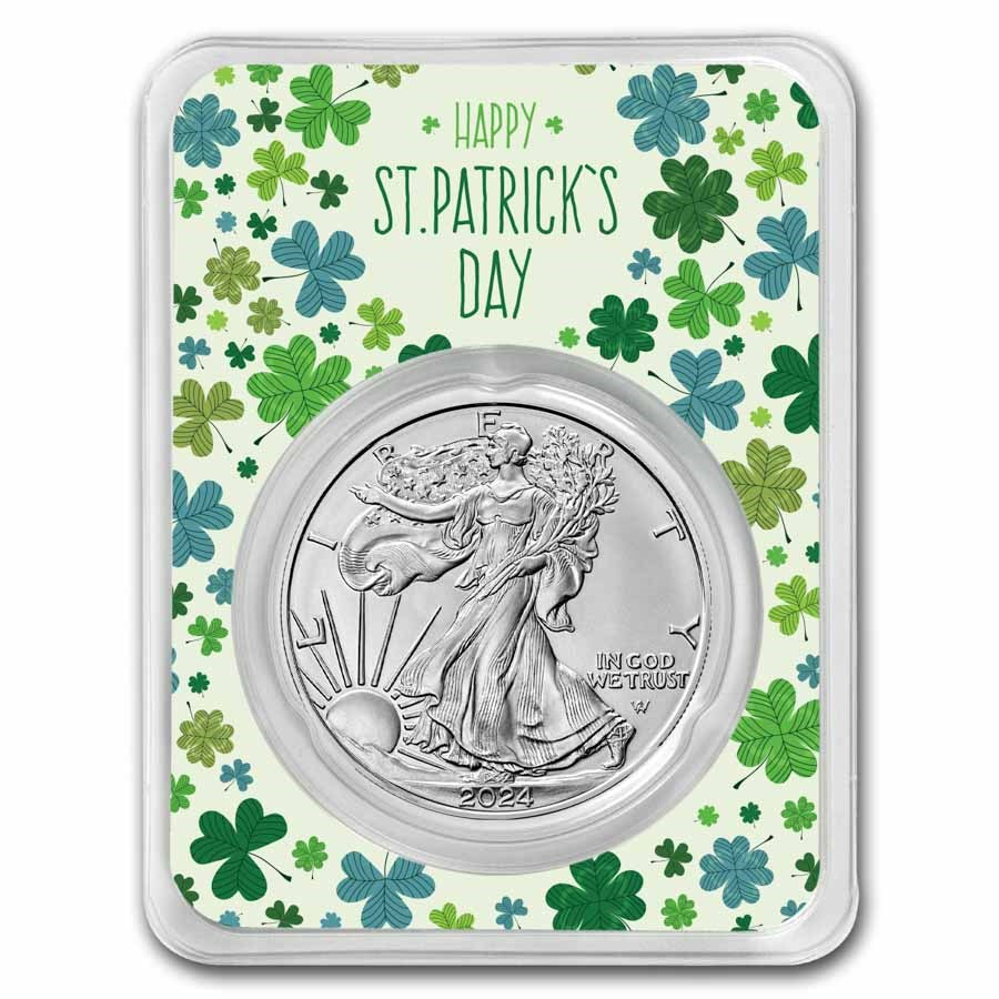2024 1 oz Silver Eagle - w/St. Patrick's Day Clovers Card, In TEP