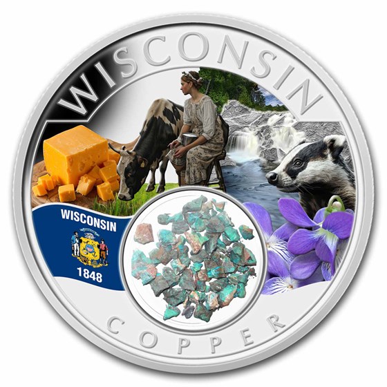 2024 1 oz Silver Treasures of the U.S. Wisconsin Copper (Color) 2024 1 oz Silver Treasures of the U.S. Wisconsin Copper (Color)