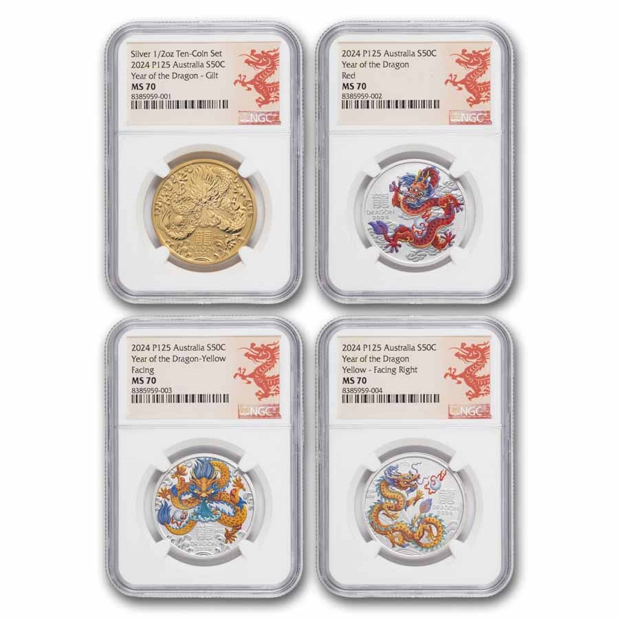 2024 AUS 1/2 oz Ag 10-Coin Colorized Lunar Dragon Set MS-70 NGC
