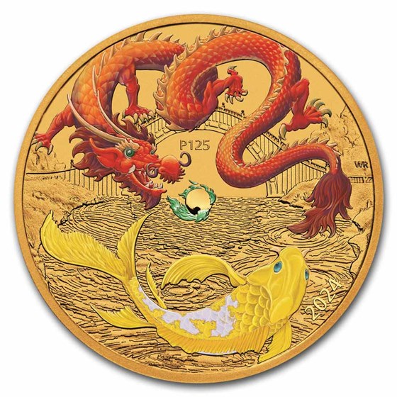 2024 AUS 1 oz Gold Colorized Dragon & Koi (Red Dragon)