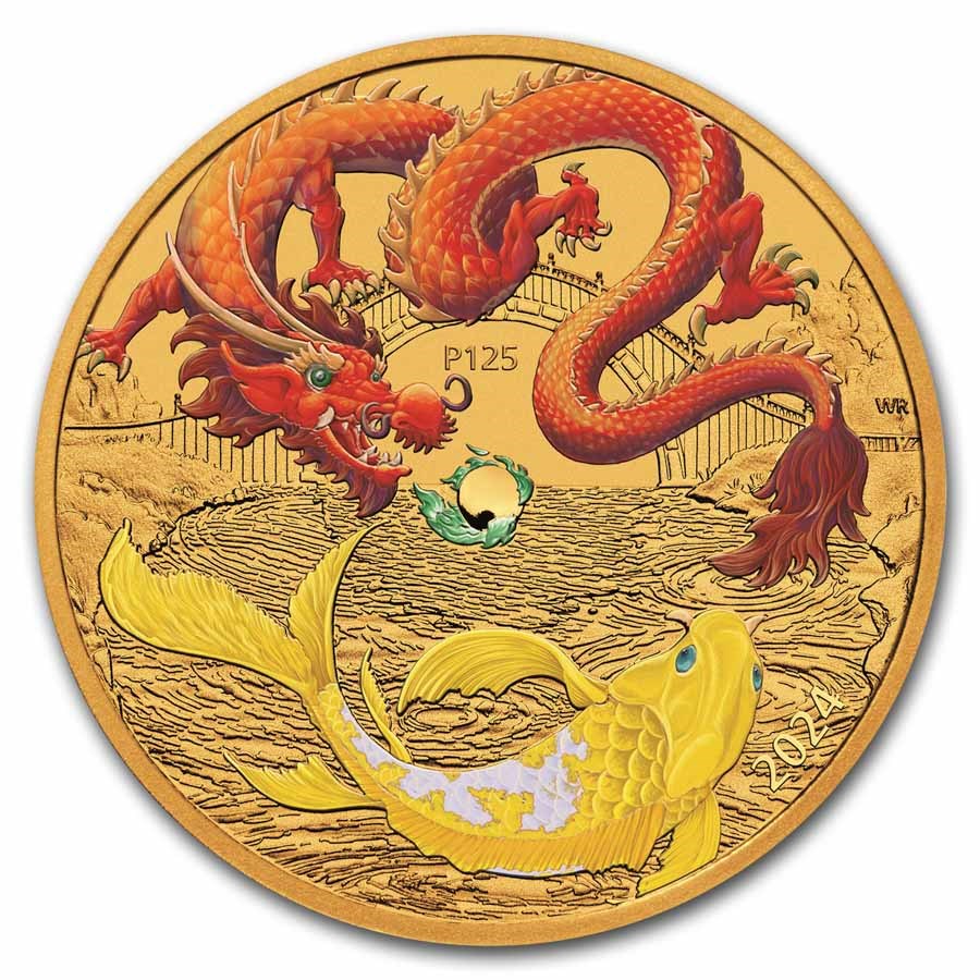 2024 AUS 1 oz Gold Colorized Dragon & Koi (Red Dragon)