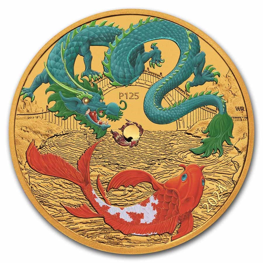 2024 AUS 1 oz Gold Colorized Dragon & Koi (Teal Dragon)