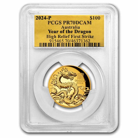 2024 AUS 1 oz Gold Lunar Dragon PR-70 PCGS HR (FS, Gold Label) 2024 AUS 1 oz Gold Lunar Dragon PR-70 PCGS HR (FS, Gold Label)