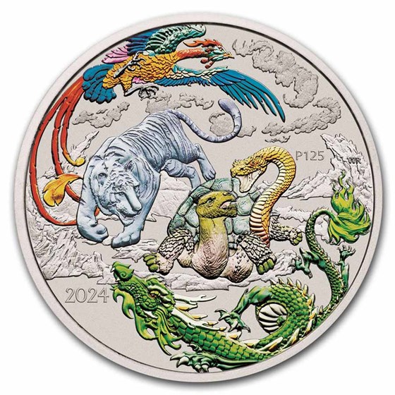 2024 AUS 1 oz Silver Four Guardians Colorized- Card, Green Dragon