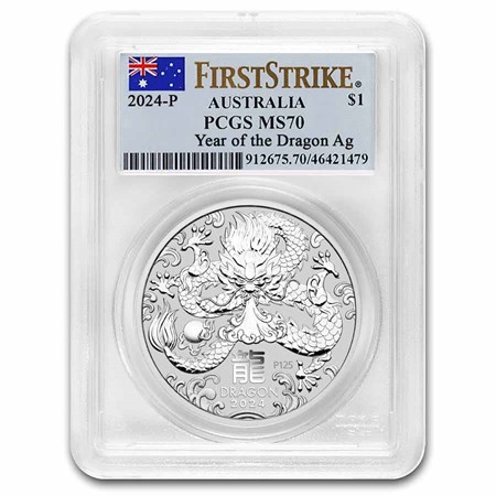 2024 AUS 1 oz Silver Lunar Dragon MS-70 PCGS (FS, Flag Label) 2024 AUS 1 oz Silver Lunar Dragon MS-70 PCGS (FS, Flag Label)