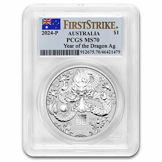 2024 AUS 1 oz Silver Lunar Dragon MS-70 PCGS (FS, Flag Label)