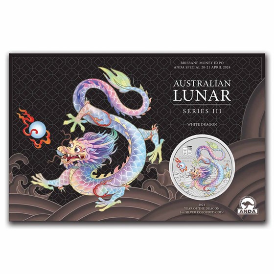 2024 AUS 1 oz Silver Lunar White Dragon-Brisbane Expo (In Card) 2024 AUS 1 oz Silver Lunar White Dragon-Brisbane Expo (In Card)