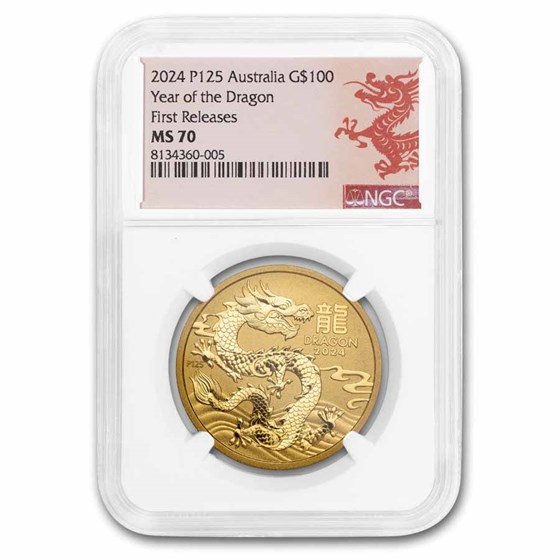 2024 Australia 1 oz Gold Lunar Dragon MS-70 NGC (FR, Red Label) 2024 Australia 1 oz Gold Lunar Dragon MS-70 NGC (FR, Red Label)