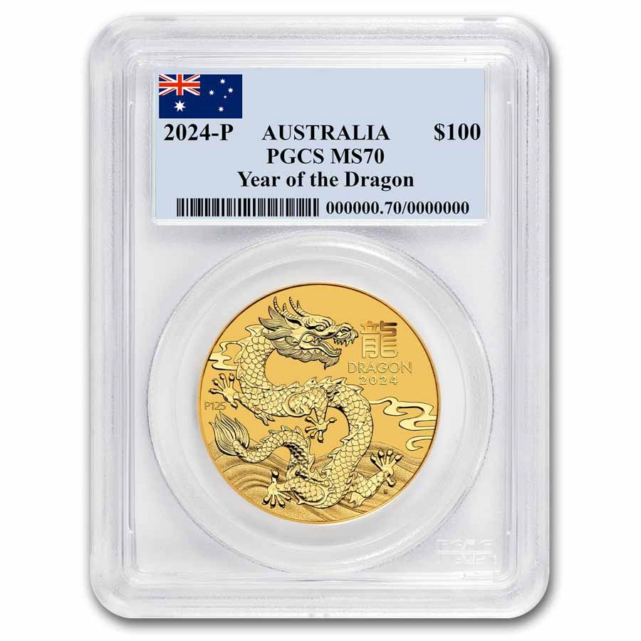 2024 Australia 1 oz Gold Lunar Dragon MS-70 PCGS (Flag Label)