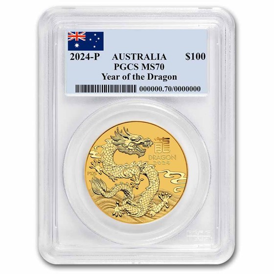 2024 Australia 1 oz Gold Lunar Dragon MS-70 PCGS (Flag Label) 2024 Australia 1 oz Gold Lunar Dragon MS-70 PCGS (Flag Label)