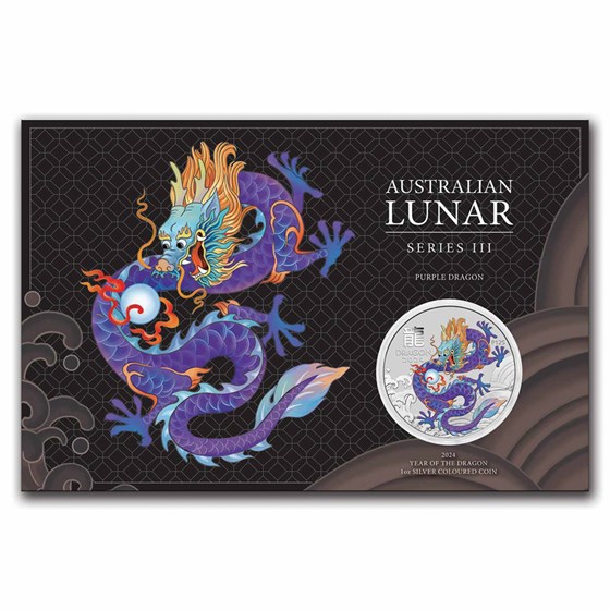 2024 Australia 1 oz Silver Lunar Colorized Purple Dragon in Card 2024 Australia 1 oz Silver Lunar Colorized Purple Dragon in Card