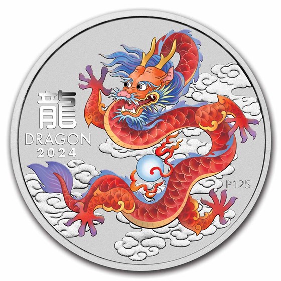 2024 Australia 1 oz Silver Lunar Colorized Red Dragon in Capsule