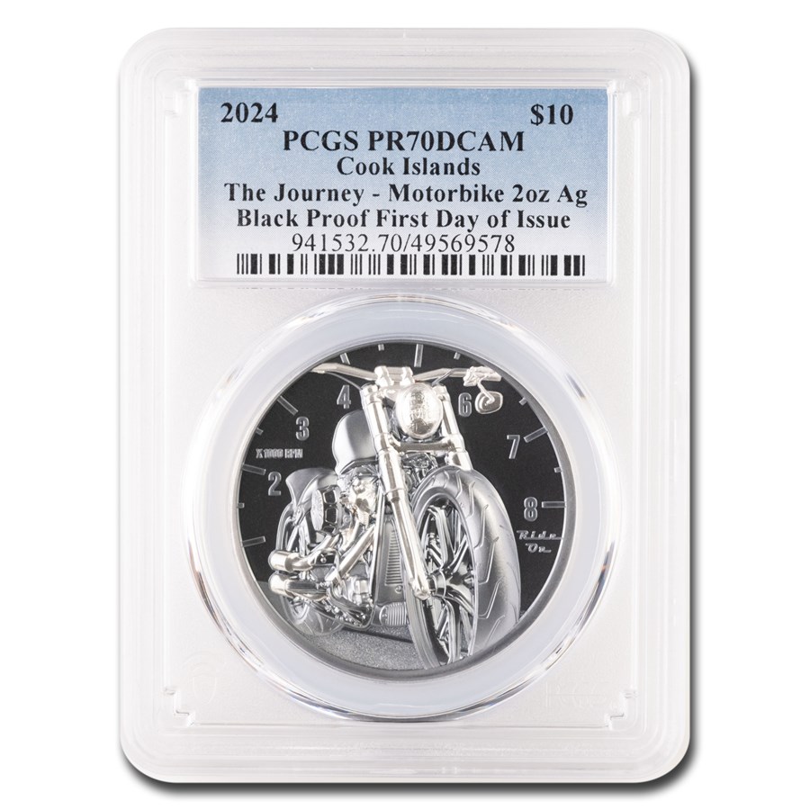 2024 C. Islands 2 oz Silver Train: Motorbike Black PR-70 PCGS FDI