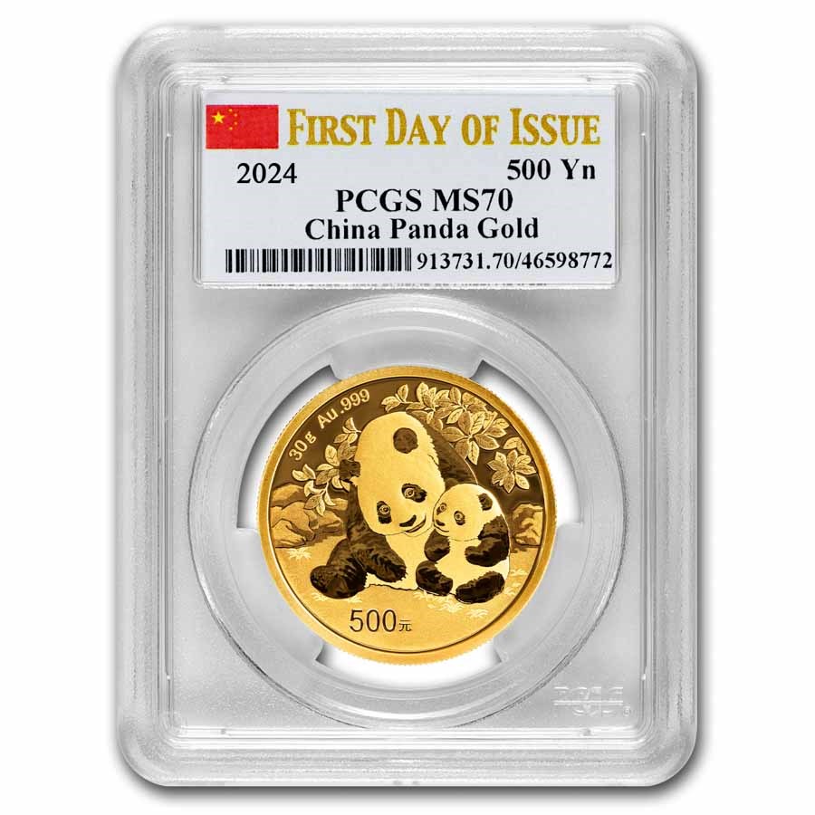 2024 China 30 gram Gold Panda MS-70 PCGS (FDI, Flag Label)