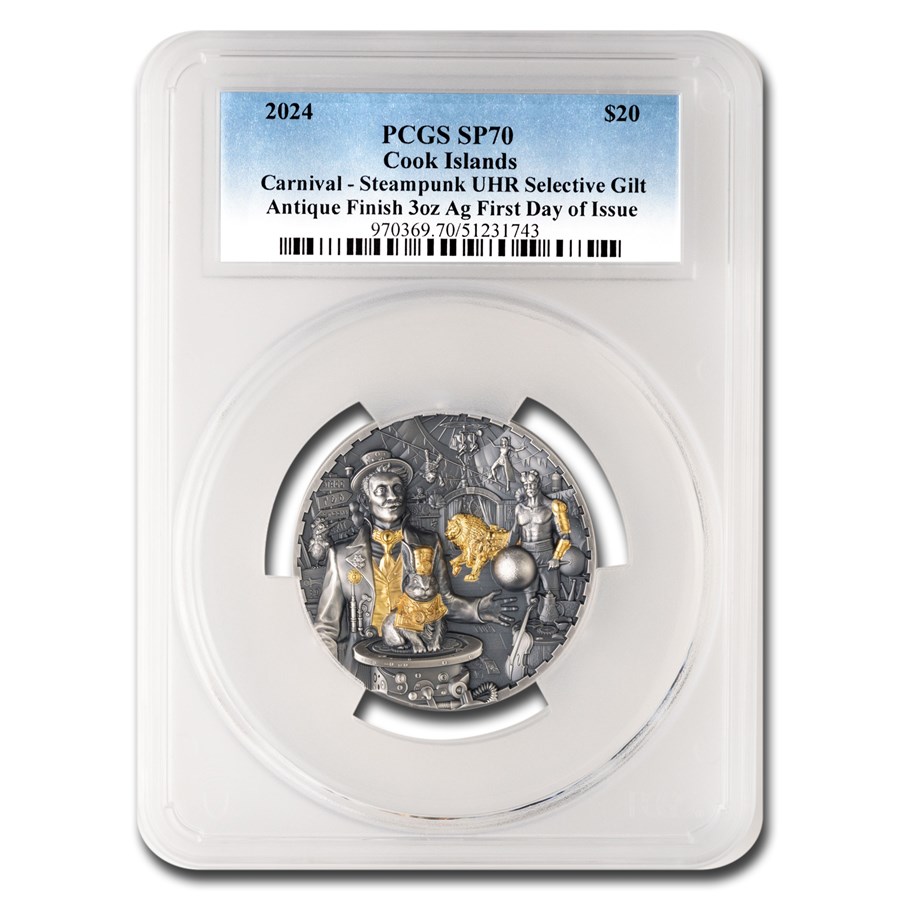 2024 Cook Isl. 3 oz Ag Antique Steampunk: Carnival SP-70 PCGS FDI