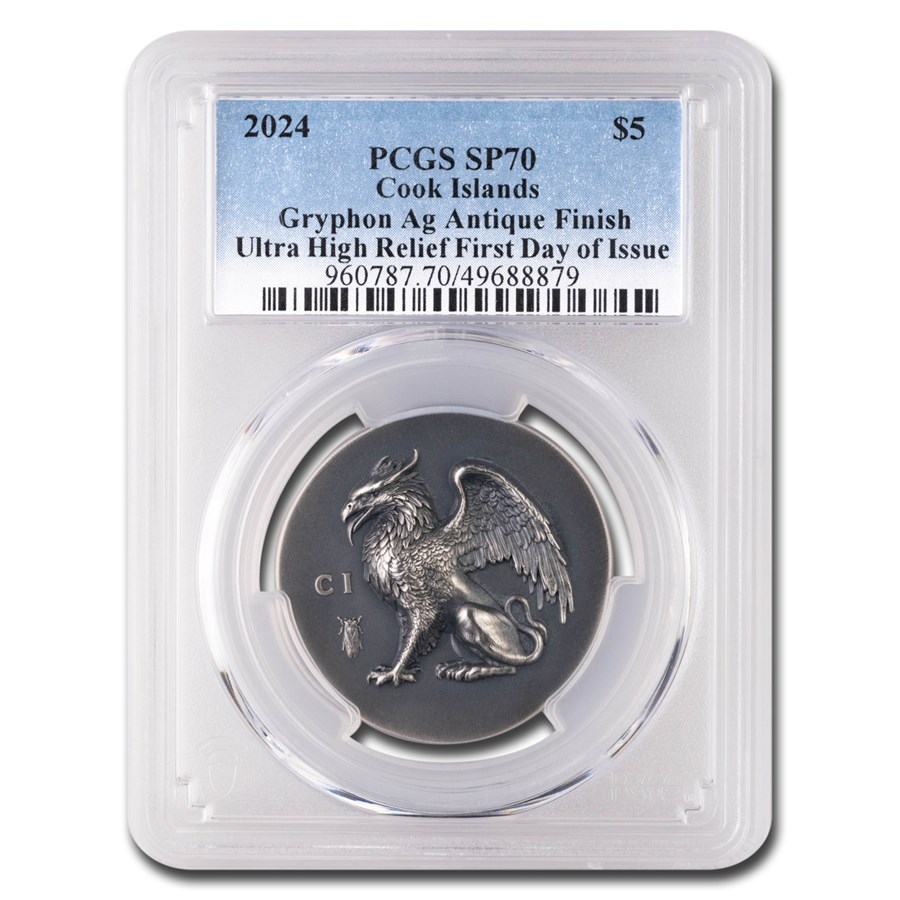 2024 Cook Islands 1 oz Silver Antique Gryphon SP-70 PCGS (FDI)