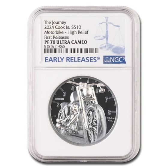 2024 Cook Islands 2 oz Silver Train: Motorbike Black PF-70 NGC ER 2024 Cook Islands 2 oz Silver Train: Motorbike Black PF-70 NGC ER