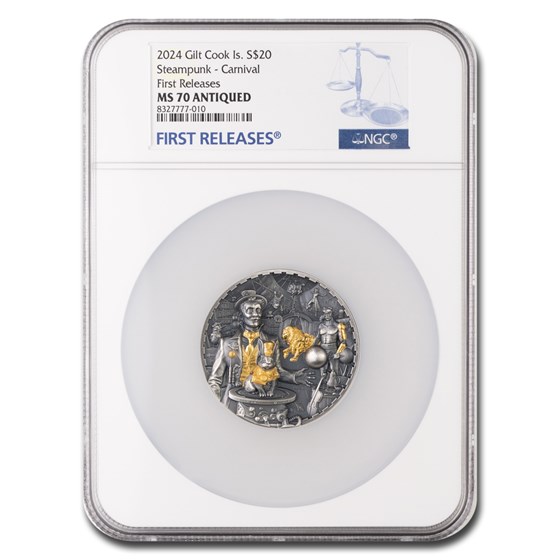 2024 Cook Islands 3 oz Ag Antique Steampunk Carnival MS-70 NGC FR 2024 Cook Islands 3 oz Ag Antique Steampunk Carnival MS-70 NGC FR