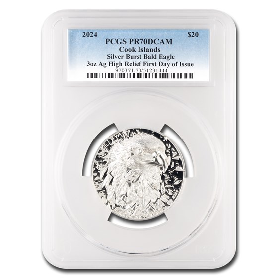 2024 Cook Islands 3 oz HR Silver Burst Bald Eagle PR-70 PCGS FDI 2024 Cook Islands 3 oz HR Silver Burst Bald Eagle PR-70 PCGS FDI