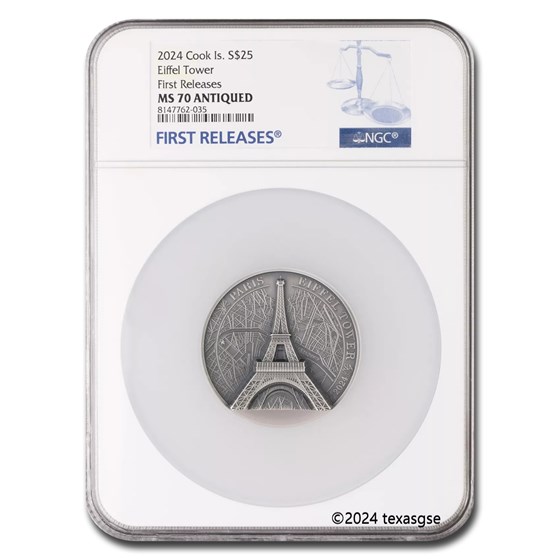 2024 Cook Islands 5 oz Silver Antique Eiffel Tower MS-70 NGC (FR) 2024 Cook Islands 5 oz Silver Antique Eiffel Tower MS-70 NGC (FR)