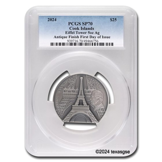 2024 Cook Islands 5 oz Silver Antique Eiffel Tower SP-70 PCGS FDI 2024 Cook Islands 5 oz Silver Antique Eiffel Tower SP-70 PCGS FDI